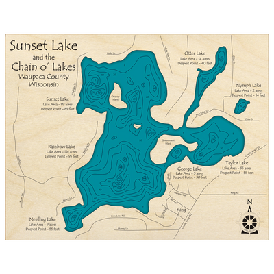 Bathymetric topo map of Sunset Lake Chain O Lakes, WI with roads, towns and depths noted in blue water.