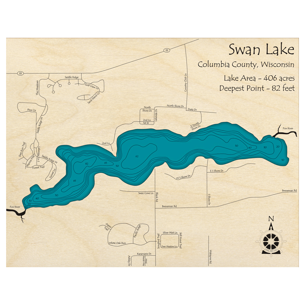 Bathymetric topo map of Swan Lake, WI with roads, towns and depths noted in blue water.