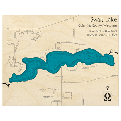Bathymetric topo map of Swan Lake, WI with roads, towns and depths noted in blue water.
