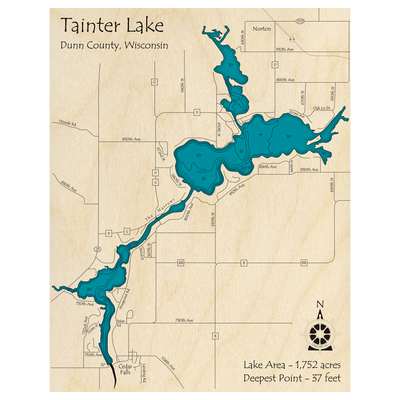 Bathymetric topo map of Tainter Lake, WI with roads, towns and depths noted in blue water.
