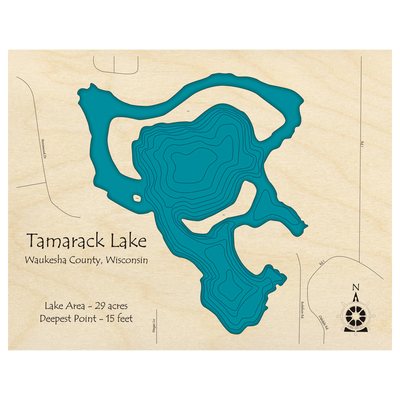 Bathymetric topo map of Tamarack Lake, WI with roads, towns and depths noted in blue water.