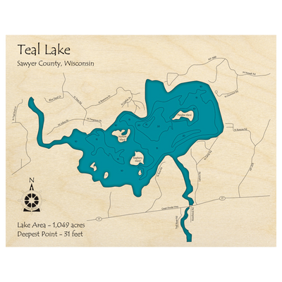 Bathymetric topo map of Teal Lake, WI with roads, towns and depths noted in blue water.