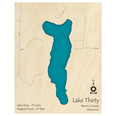 Bathymetric topo map of Lake Thirty, WI with roads, towns and depths noted in blue water.