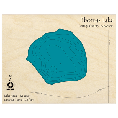 Bathymetric topo map of Thomas Lake, WI with roads, towns and depths noted in blue water.