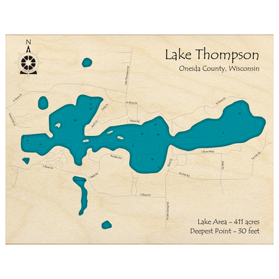 Bathymetric topo map of Lake Thompson, WI with roads, towns and depths noted in blue water.