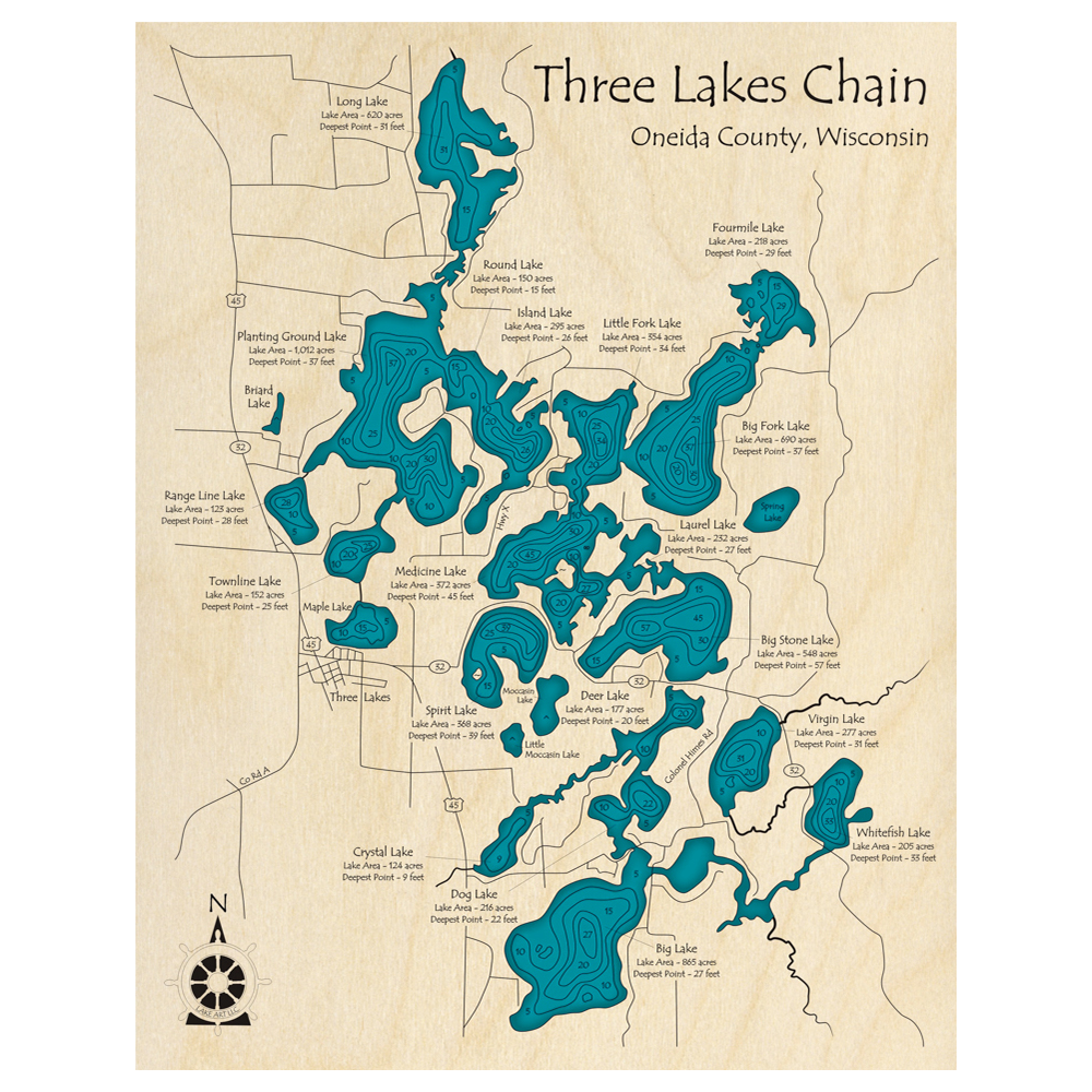 Bathymetric topo map of Three Lakes Chain, WI with roads, towns and depths noted in blue water.