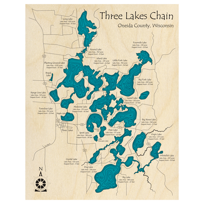 Bathymetric topo map of Three Lakes Chain, WI with roads, towns and depths noted in blue water.