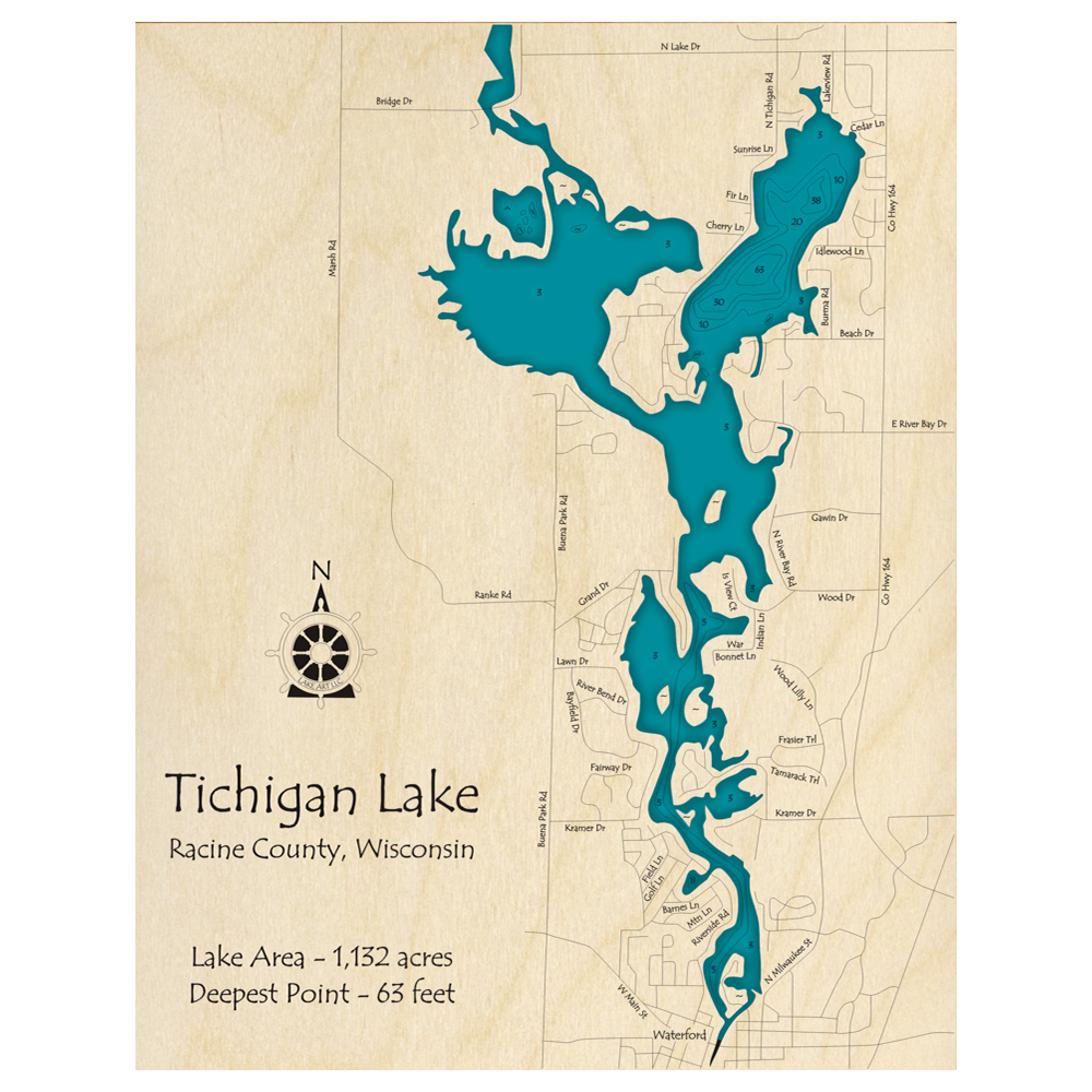 Bathymetric topo map of Tichigan Lake, WI with roads, towns and depths noted in blue water.