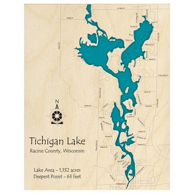 Bathymetric topo map of Tichigan Lake, WI with roads, towns and depths noted in blue water.