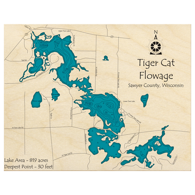 Bathymetric topo map of Tiger Cat Flowage, WI with roads, towns and depths noted in blue water.