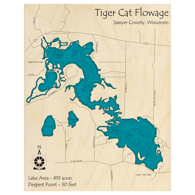 Bathymetric topo map of Tiger Cat Flowage, WI with roads, towns and depths noted in blue water.