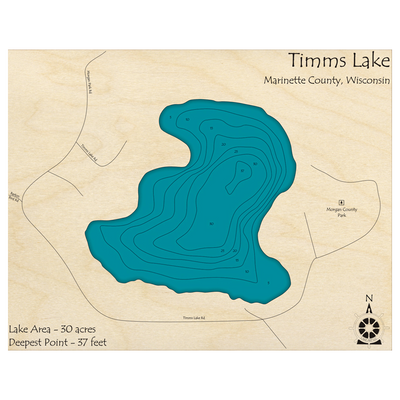 Bathymetric topo map of Timms Lake, WI with roads, towns and depths noted in blue water.