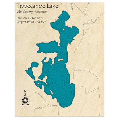 Bathymetric topo map of Tippecanoe Lake, WI with roads, towns and depths noted in blue water.