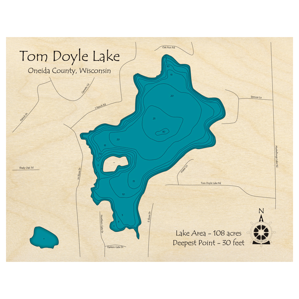 Bathymetric topo map of Tom Doyle Lake, WI with roads, towns and depths noted in blue water.