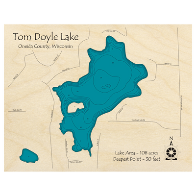 Bathymetric topo map of Tom Doyle Lake, WI with roads, towns and depths noted in blue water.