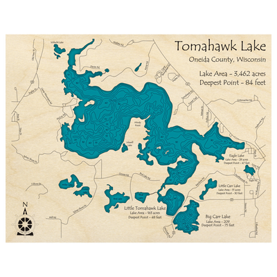 Bathymetric topo map of Tomahawk Lake, WI with roads, towns and depths noted in blue water.