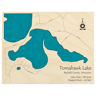 Bathymetric topo map of Tomahawk Lake, WI with roads, towns and depths noted in blue water.