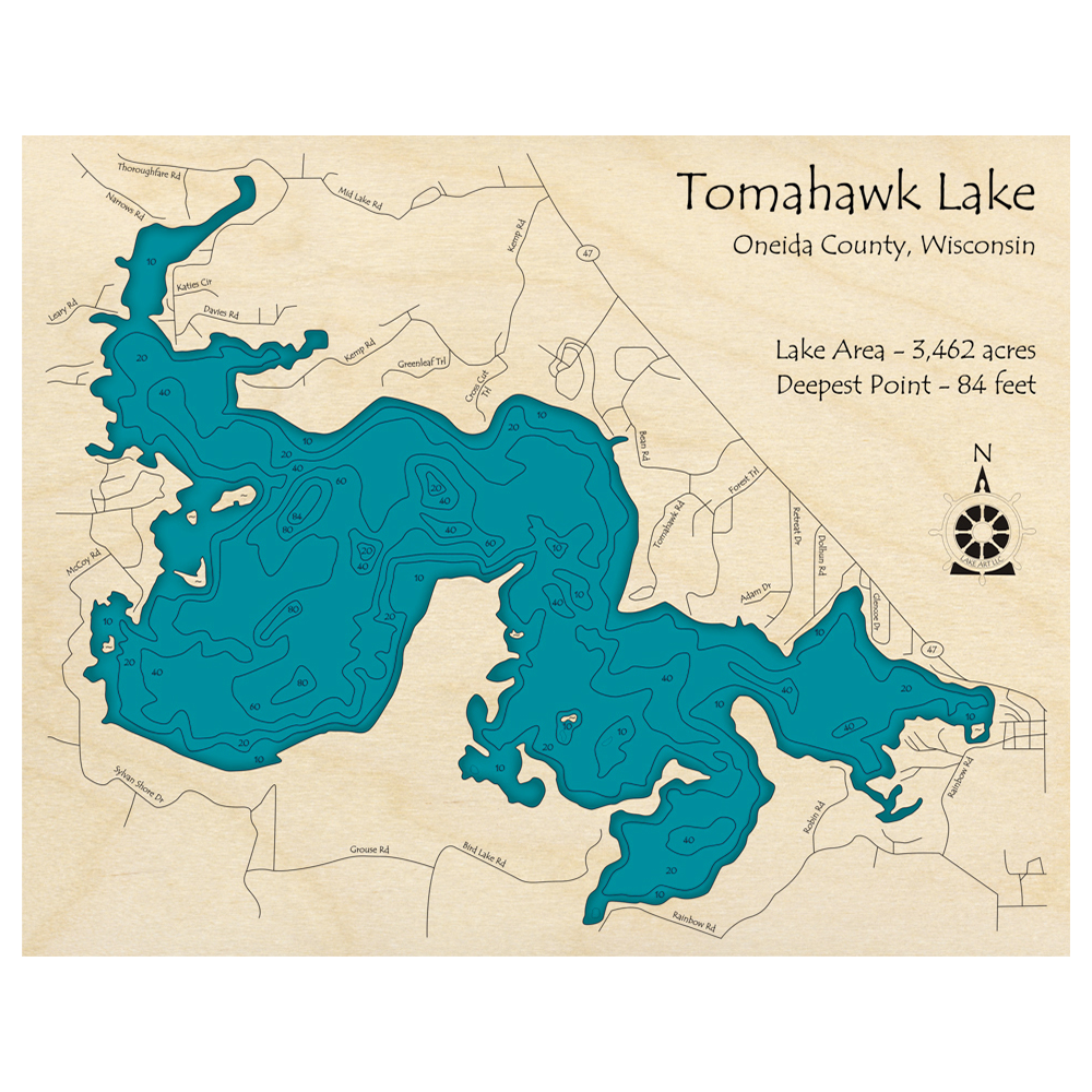 Bathymetric topo map of Tomahawk Lake, WI with roads, towns and depths noted in blue water.