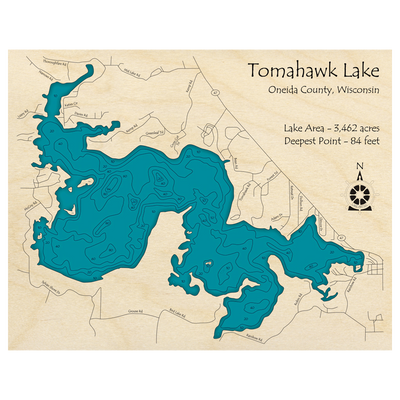 Bathymetric topo map of Tomahawk Lake, WI with roads, towns and depths noted in blue water.