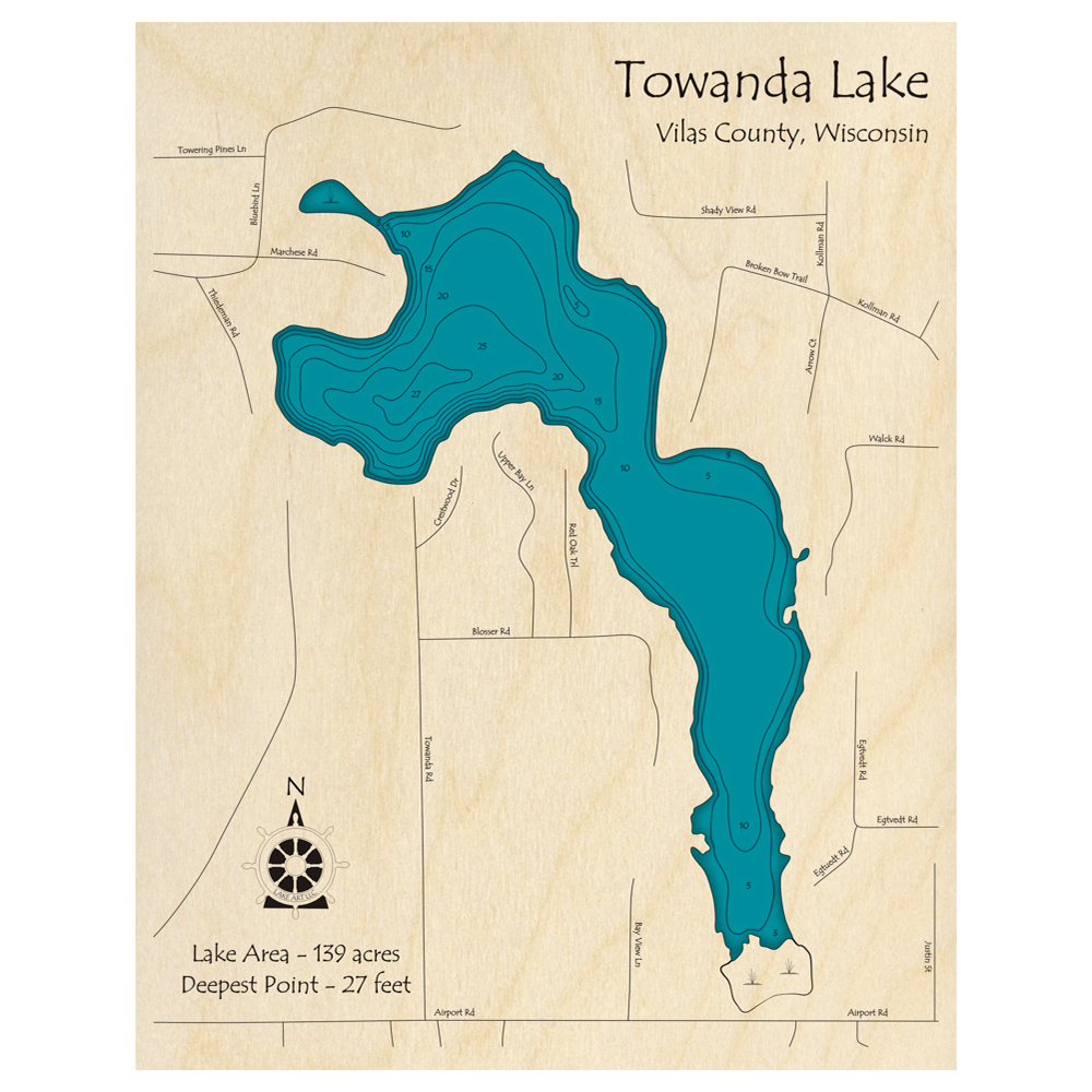 Bathymetric topo map of Towanda Lake, WI with roads, towns and depths noted in blue water.
