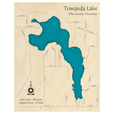 Bathymetric topo map of Towanda Lake, WI with roads, towns and depths noted in blue water.