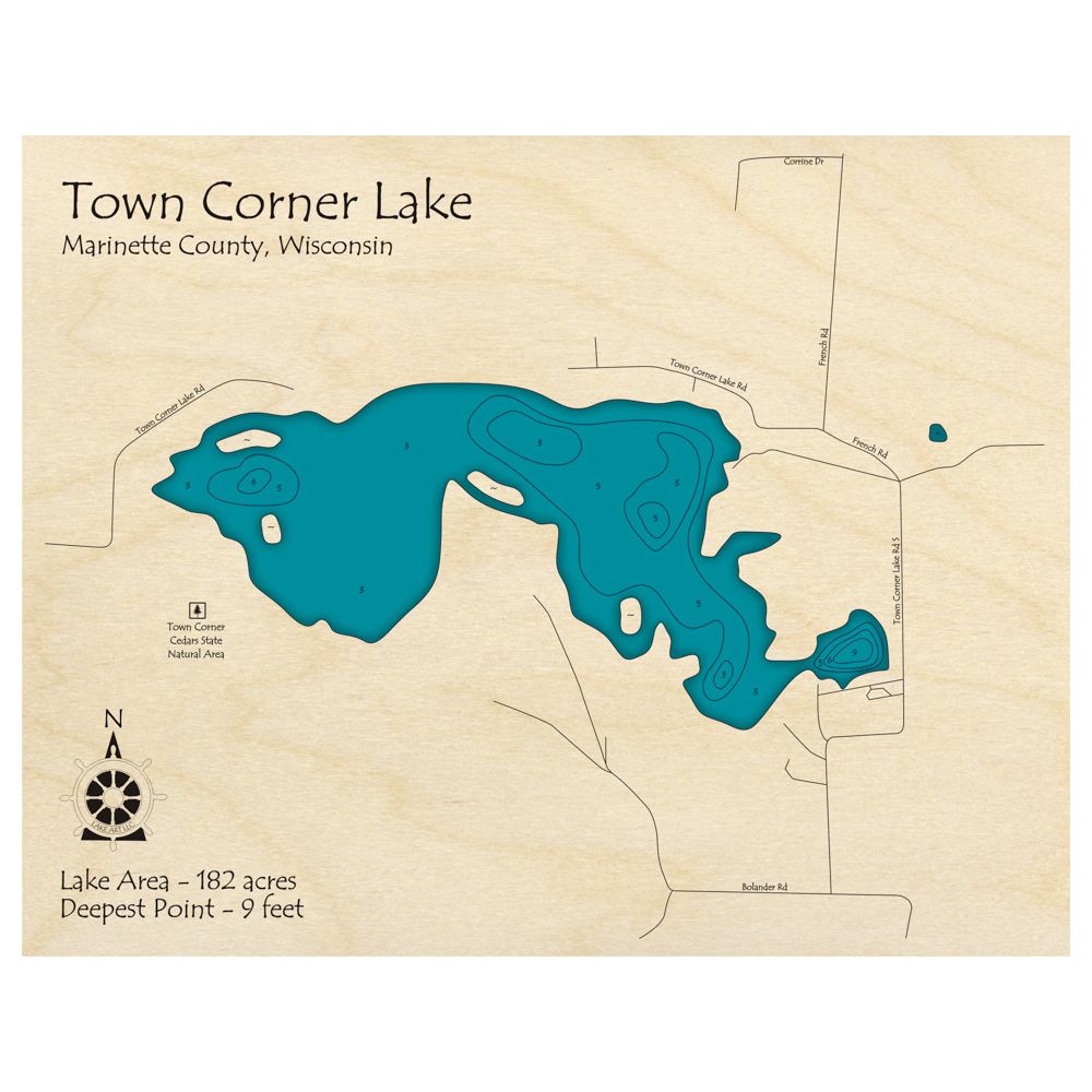 Bathymetric topo map of Town Corner Lake, WI with roads, towns and depths noted in blue water.