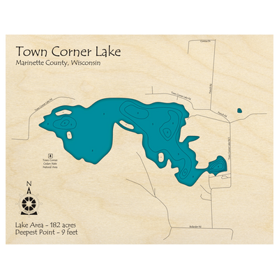 Bathymetric topo map of Town Corner Lake, WI with roads, towns and depths noted in blue water.