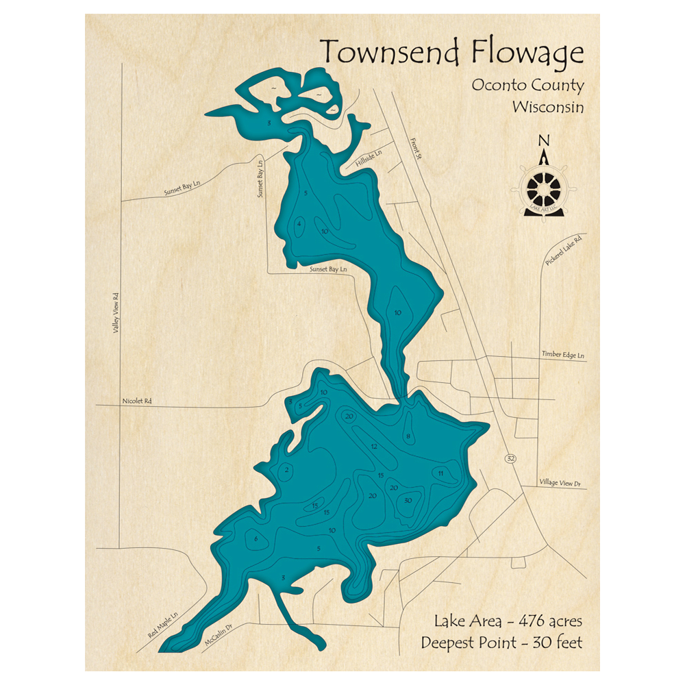 Bathymetric topo map of Townsend Flowage, WI with roads, towns and depths noted in blue water.