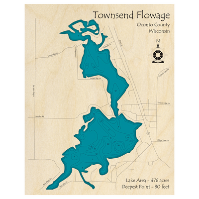 Bathymetric topo map of Townsend Flowage, WI with roads, towns and depths noted in blue water.
