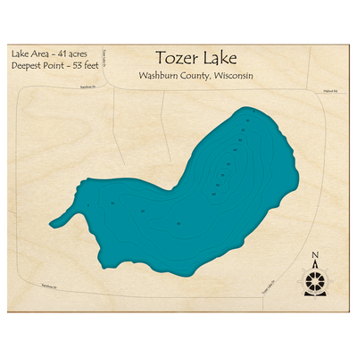 Bathymetric topo map of Tozer Lake, WI with roads, towns and depths noted in blue water.