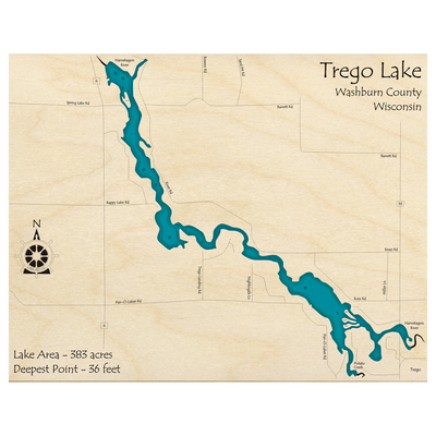 Bathymetric topo map of Trego Lake, WI with roads, towns and depths noted in blue water.