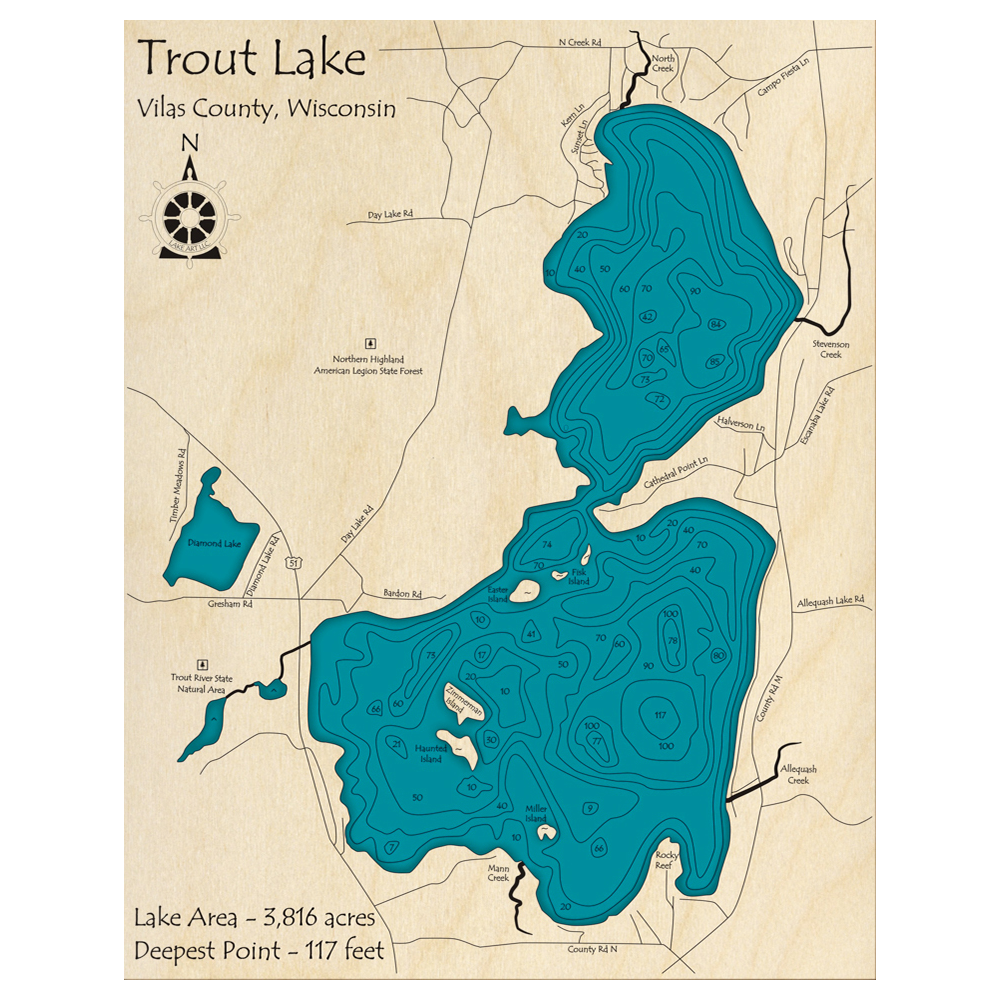 Bathymetric topo map of Trout Lake, WI with roads, towns and depths noted in blue water.