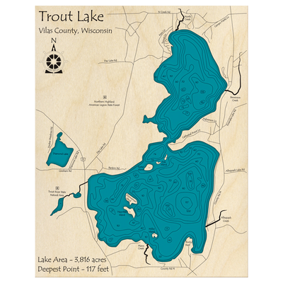 Bathymetric topo map of Trout Lake, WI with roads, towns and depths noted in blue water.