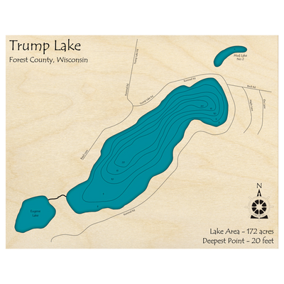 Bathymetric topo map of Trump Lake, WI with roads, towns and depths noted in blue water.