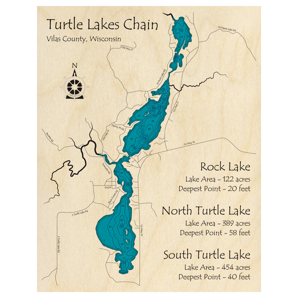 Bathymetric topo map of Turtle Chain, WI with roads, towns and depths noted in blue water.