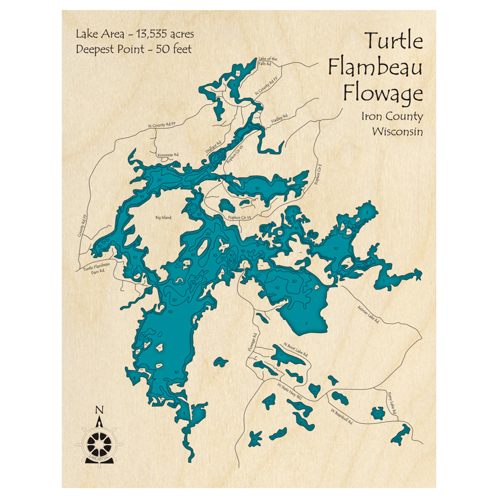 Bathymetric topo map of Turtle Flambeau Flowage, WI with roads, towns and depths noted in blue water.