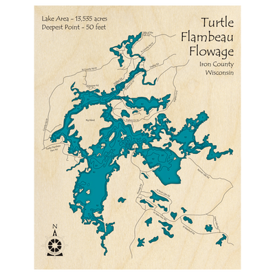 Bathymetric topo map of Turtle Flambeau Flowage, WI with roads, towns and depths noted in blue water.