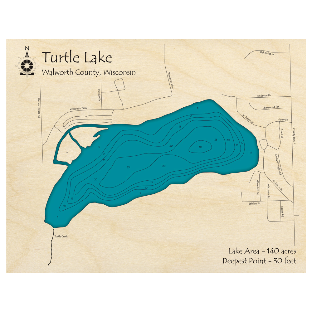 Bathymetric topo map of Turtle Lake, WI with roads, towns and depths noted in blue water.