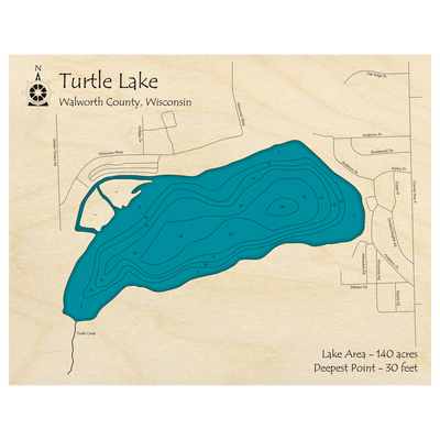 Bathymetric topo map of Turtle Lake, WI with roads, towns and depths noted in blue water.