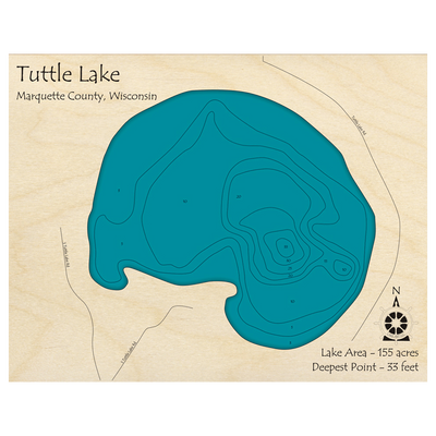 Bathymetric topo map of Tuttle Lake, WI with roads, towns and depths noted in blue water.
