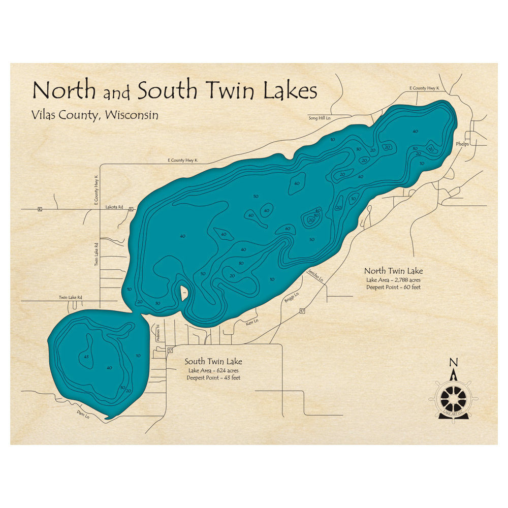 Bathymetric topo map of Twin Lakes, WI with roads, towns and depths noted in blue water.