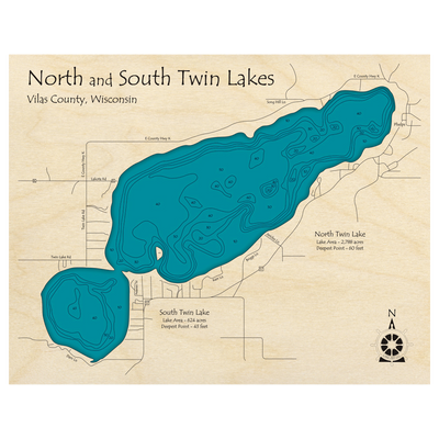 Bathymetric topo map of Twin Lakes, WI with roads, towns and depths noted in blue water.