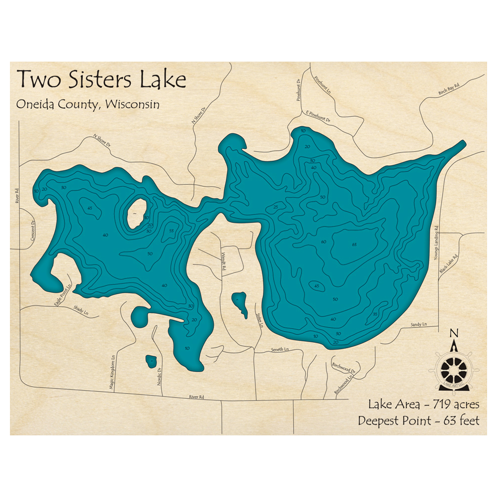 Bathymetric topo map of Two Sisters Lake, WI with roads, towns and depths noted in blue water.