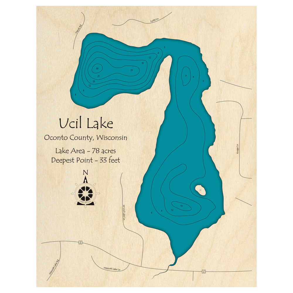 Bathymetric topo map of Ucil Lake, WI with roads, towns and depths noted in blue water.