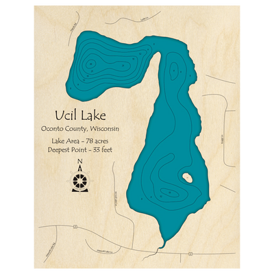 Bathymetric topo map of Ucil Lake, WI with roads, towns and depths noted in blue water.