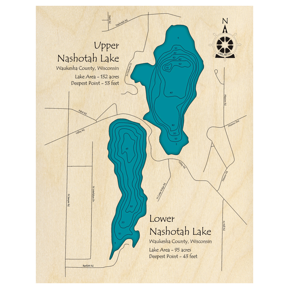 Bathymetric topo map of Nashotah Lakes, WI with roads, towns and depths noted in blue water.