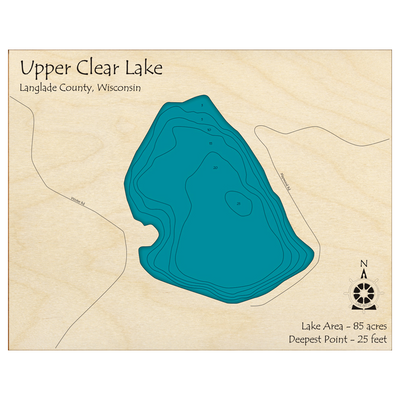 Bathymetric topo map of Upper Clear Lake, WI with roads, towns and depths noted in blue water.