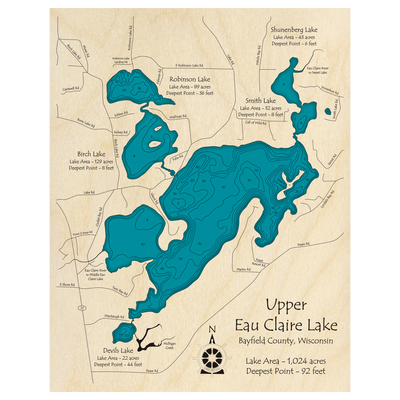 Bathymetric topo map of Upper Eau Claire Lake, WI with roads, towns and depths noted in blue water.