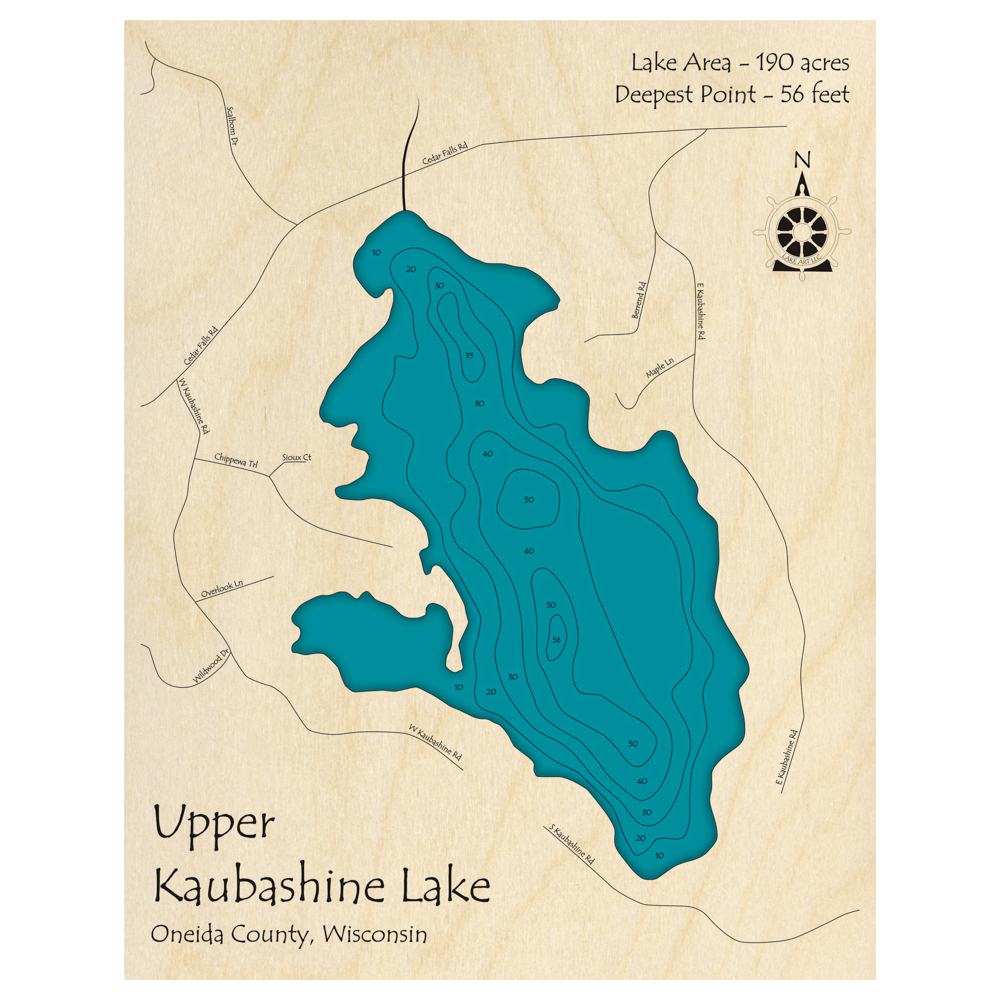 Bathymetric topo map of Upper Kaubashine Lake, WI with roads, towns and depths noted in blue water.