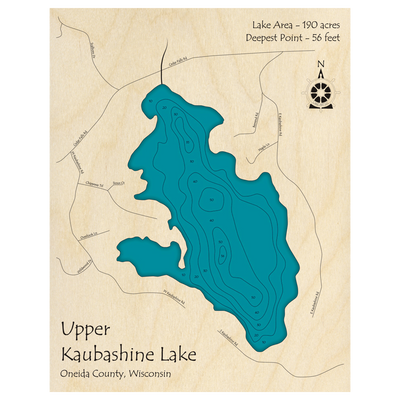 Bathymetric topo map of Upper Kaubashine Lake, WI with roads, towns and depths noted in blue water.